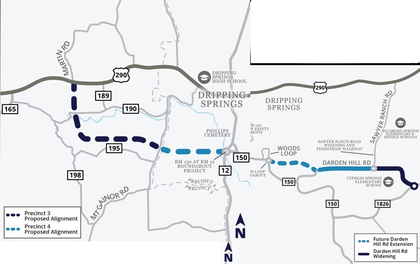 Side-by-side county project maps showing the Dripping Springs Southwest Connection and Darden Hill Road projects — presented on separate county web pages but forming a single continuous highway corridor from US 290 to RM 1826.
